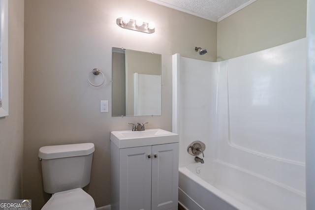 full bathroom featuring vanity, toilet, a textured ceiling, and shower / bathtub combination