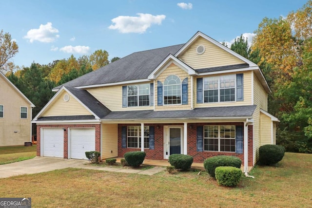 view of front facade featuring a front lawn, covered porch, and a garage