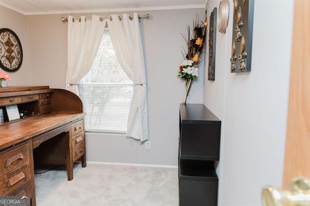 office space with ornamental molding and light colored carpet