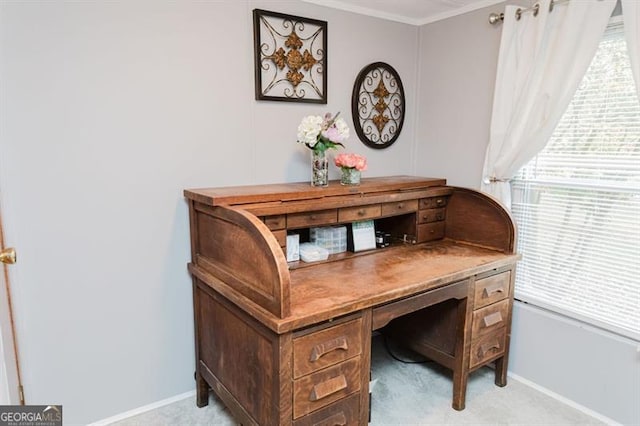 carpeted home office with crown molding