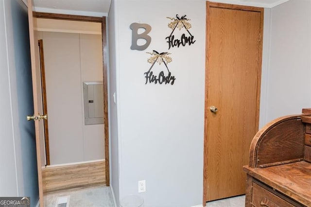 hall featuring electric panel and light hardwood / wood-style flooring