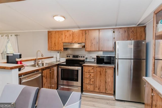 kitchen with light hardwood / wood-style floors, appliances with stainless steel finishes, and sink