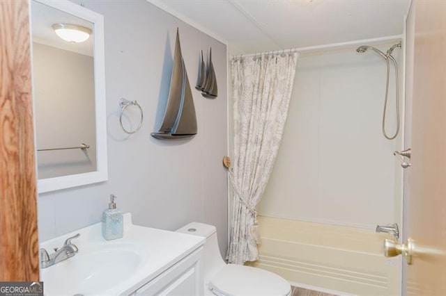 full bathroom with toilet, shower / bathtub combination with curtain, and vanity