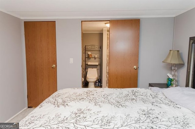 carpeted bedroom featuring a closet and ensuite bath