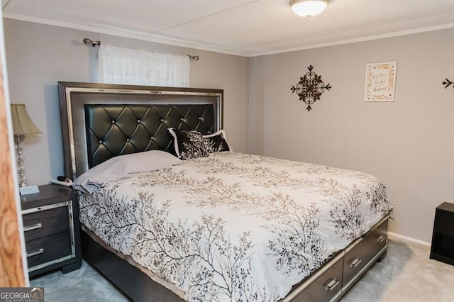 carpeted bedroom featuring ornamental molding