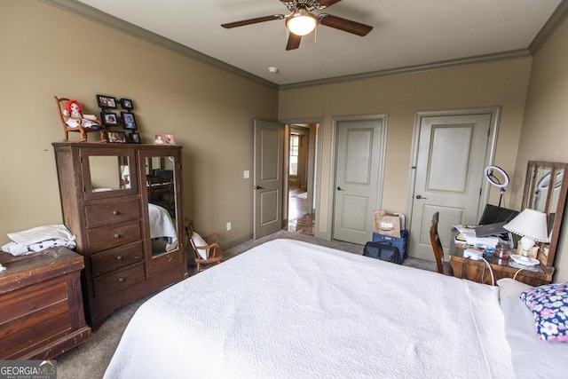 bedroom with ceiling fan, dark carpet, and ornamental molding