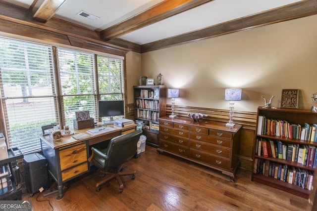 home office featuring beam ceiling and dark hardwood / wood-style flooring