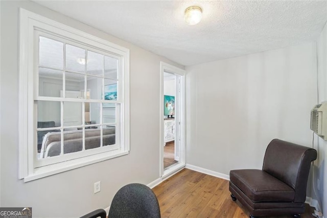 living area with hardwood / wood-style floors and a textured ceiling