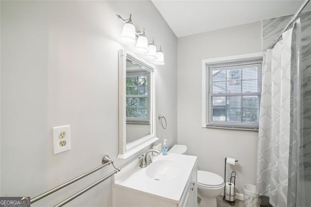 bathroom featuring vanity, toilet, and walk in shower