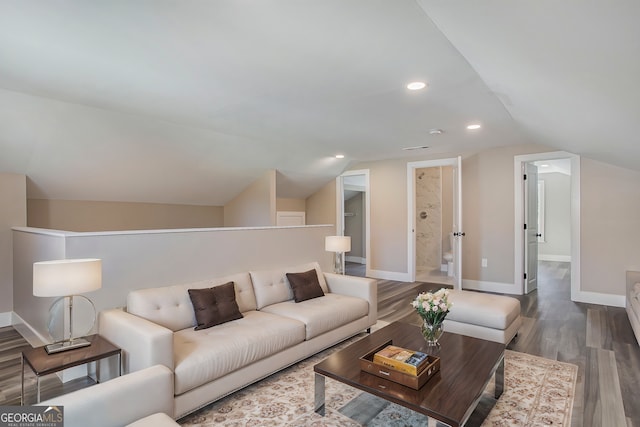 living room featuring lofted ceiling and wood-type flooring