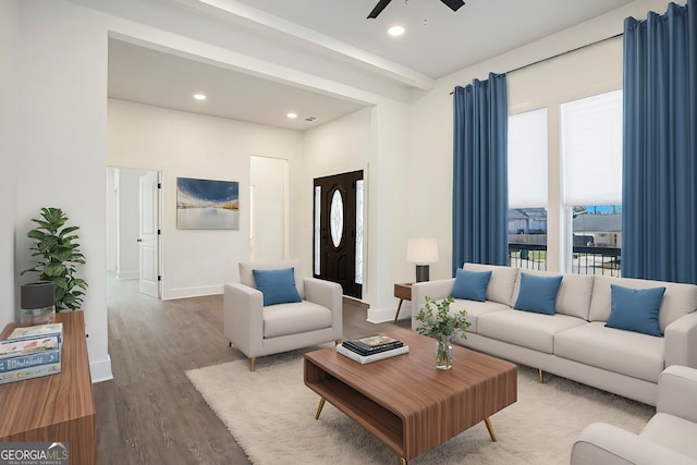 living room with hardwood / wood-style floors, ceiling fan, and plenty of natural light