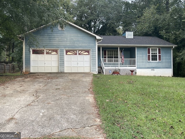 single story home featuring covered porch, a front lawn, crawl space, and an attached garage