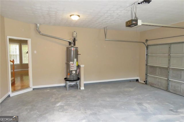 garage with water heater and a garage door opener