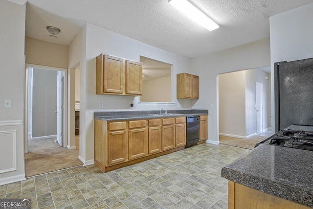 kitchen with sink, black appliances, light carpet, and a textured ceiling