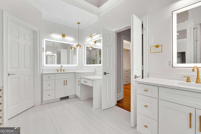 bathroom with vanity, hardwood / wood-style floors, and ornamental molding