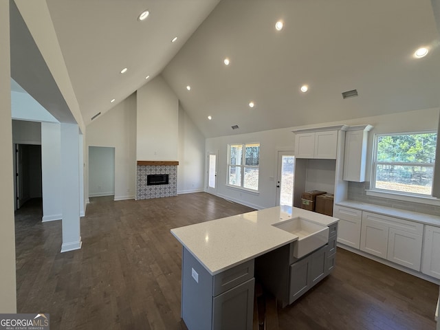 kitchen with white cabinetry, decorative backsplash, high vaulted ceiling, and a kitchen island