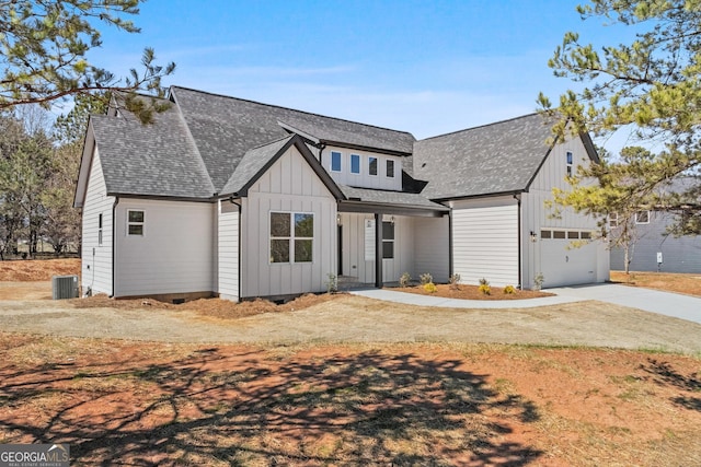 modern inspired farmhouse with central AC unit, a garage, driveway, roof with shingles, and board and batten siding