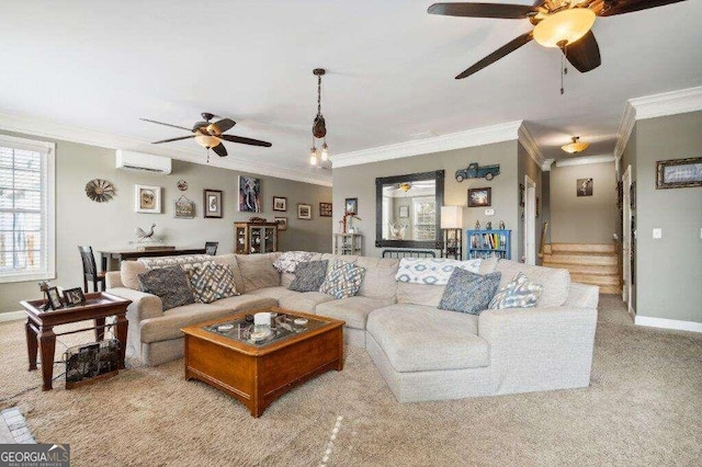 living room featuring crown molding, a wall mounted AC, light colored carpet, and ceiling fan