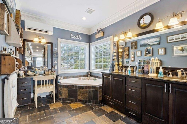 bathroom with vanity, crown molding, a wall mounted AC, and tiled bath