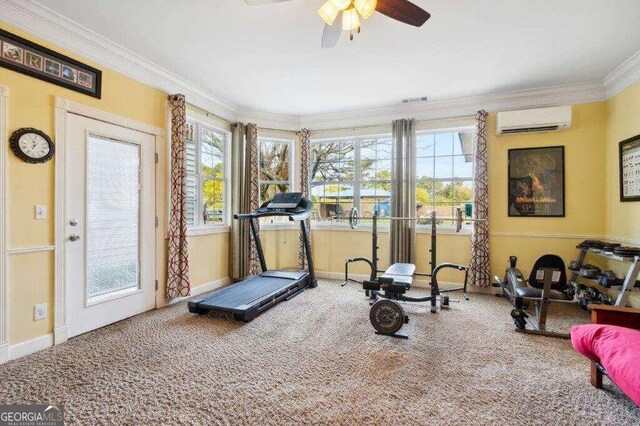 workout room with carpet, ornamental molding, a wall mounted air conditioner, and ceiling fan