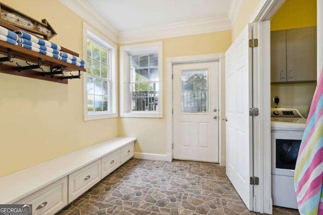 mudroom featuring ornamental molding and washer / clothes dryer