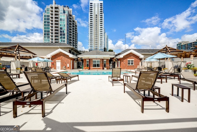 view of swimming pool with a patio area