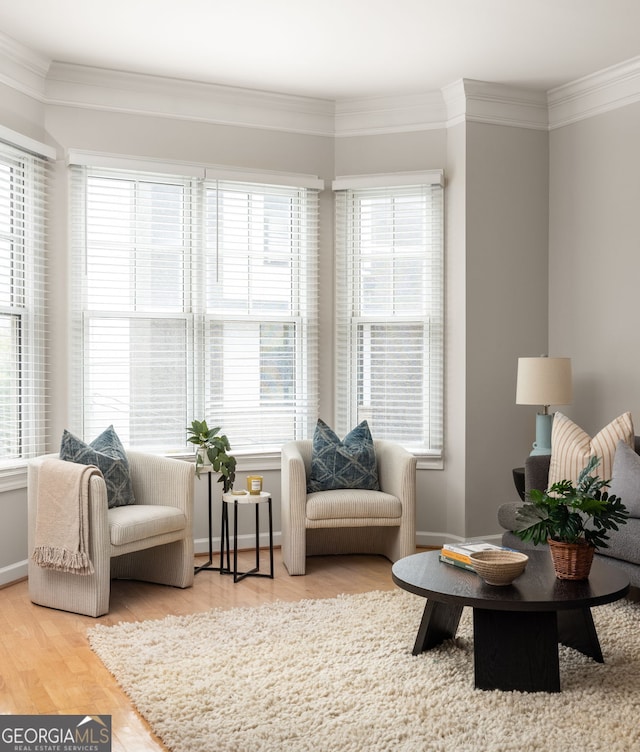 living area featuring ornamental molding, hardwood / wood-style floors, and a wealth of natural light