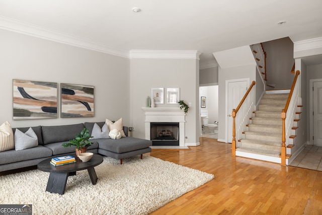 living room featuring crown molding and hardwood / wood-style floors