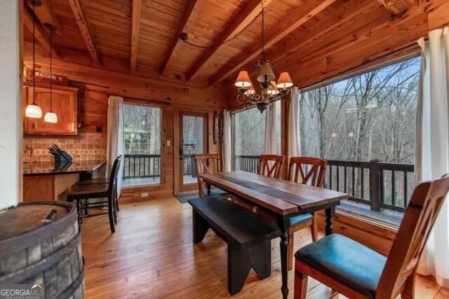 dining room featuring light wood-type flooring, wooden ceiling, wooden walls, beam ceiling, and a chandelier