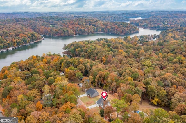 drone / aerial view featuring a water view