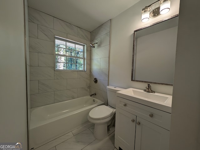 full bathroom with vanity, tiled shower / bath combo, and toilet