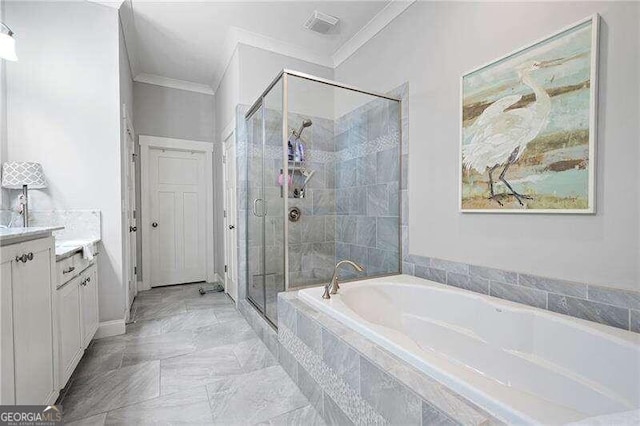 bathroom featuring vanity, crown molding, and plus walk in shower