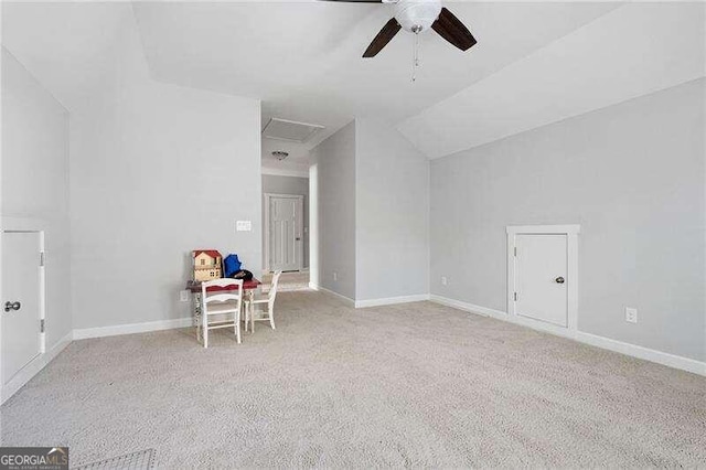 bonus room featuring vaulted ceiling, light carpet, and ceiling fan