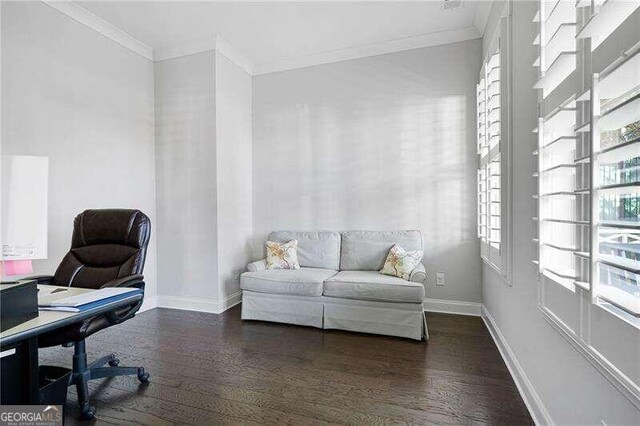 office space featuring crown molding, a healthy amount of sunlight, and dark hardwood / wood-style flooring