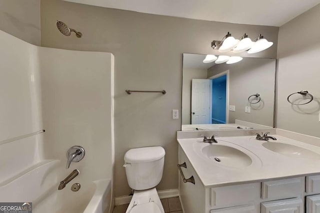 full bathroom featuring toilet, vanity, bathing tub / shower combination, and tile patterned flooring