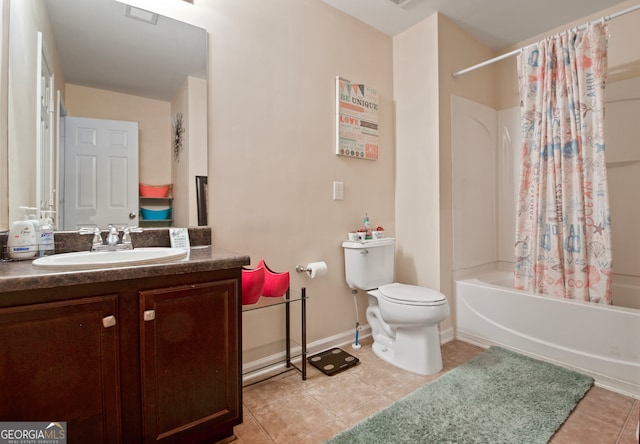 full bathroom with vanity, tile patterned flooring, toilet, and shower / bath combination with curtain