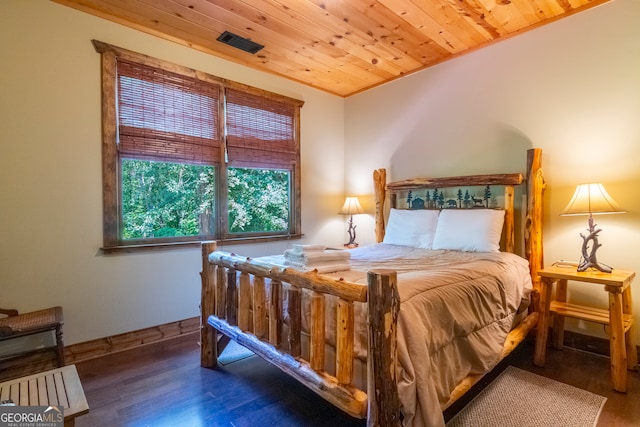 bedroom featuring hardwood / wood-style floors and wood ceiling