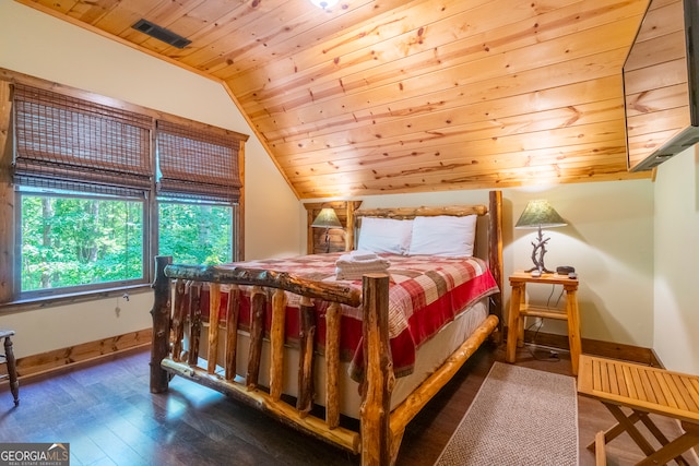 bedroom with wood ceiling, wood-type flooring, and lofted ceiling