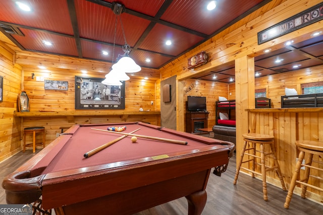 recreation room featuring wood walls, billiards, and dark hardwood / wood-style floors