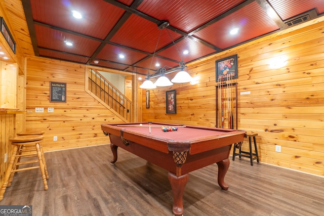 recreation room featuring hardwood / wood-style flooring, pool table, and wooden walls