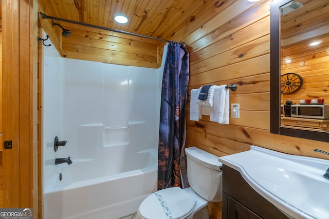 full bathroom with wood ceiling, shower / bath combo with shower curtain, toilet, vanity, and wooden walls