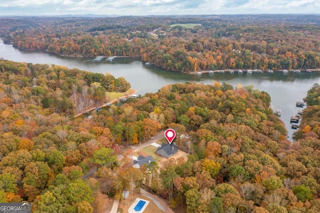 drone / aerial view featuring a water view