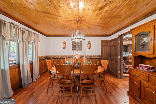 dining area with wood ceiling, hardwood / wood-style floors, crown molding, a notable chandelier, and wooden walls