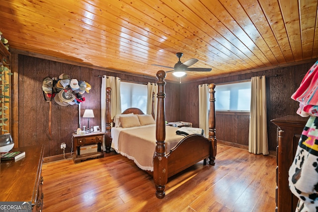 bedroom featuring ceiling fan, wood walls, wood-type flooring, and wooden ceiling