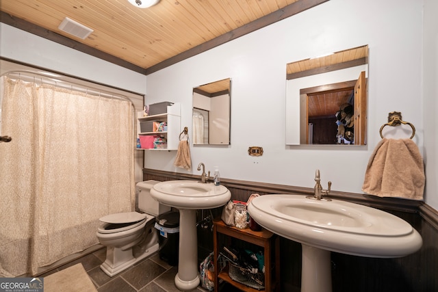 bathroom with sink, wood ceiling, toilet, and tile patterned flooring