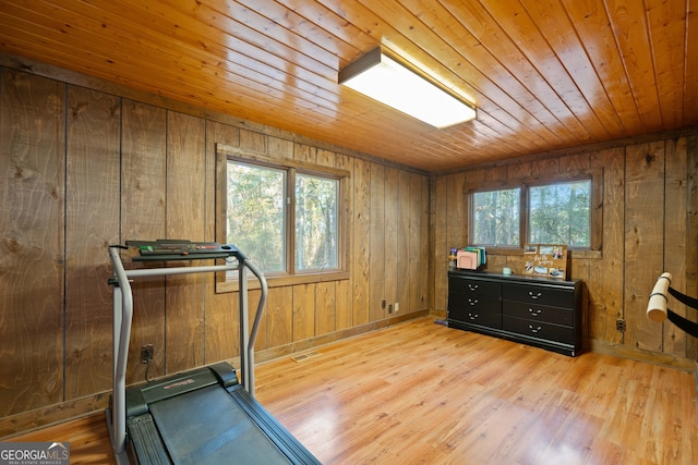 workout area with wooden walls, wooden ceiling, light wood-type flooring, and a wealth of natural light