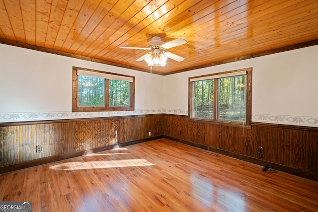 unfurnished room featuring wood walls, wooden ceiling, light wood-type flooring, and ceiling fan