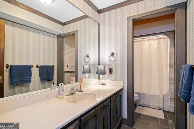 bathroom featuring vanity, curtained shower, toilet, and tile patterned flooring