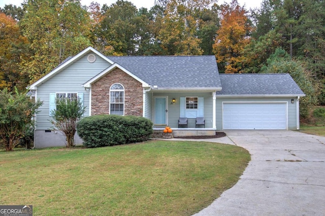 single story home featuring a front yard and a garage