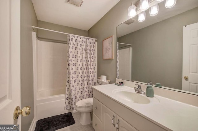 full bathroom with toilet, shower / tub combo with curtain, and vanity